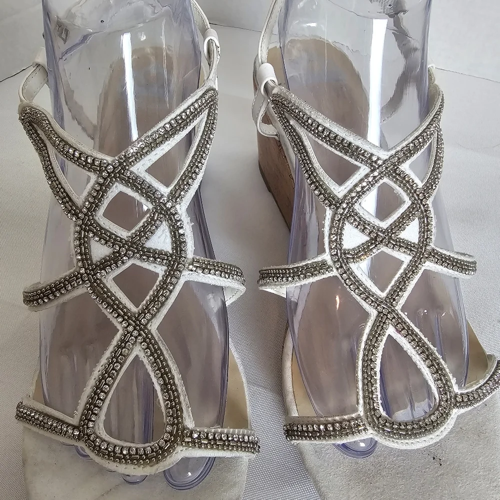 Fergalicious White Strappy Cork Wedge Summer Sandals Rhinestone Size 9.5